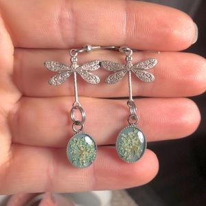 Silver Dangling Dragonfly & Real Flower Earrings